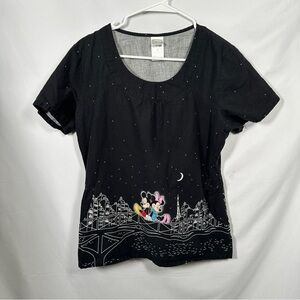 Disney scrubs top cotton relaxed fit Paris Mickey Minnie graphic black M